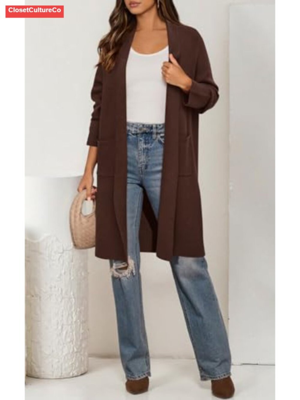 Long Sleeve Open Front Cardigan Shawl Neck Chunky Knit Sweater - Picture 3 of 6